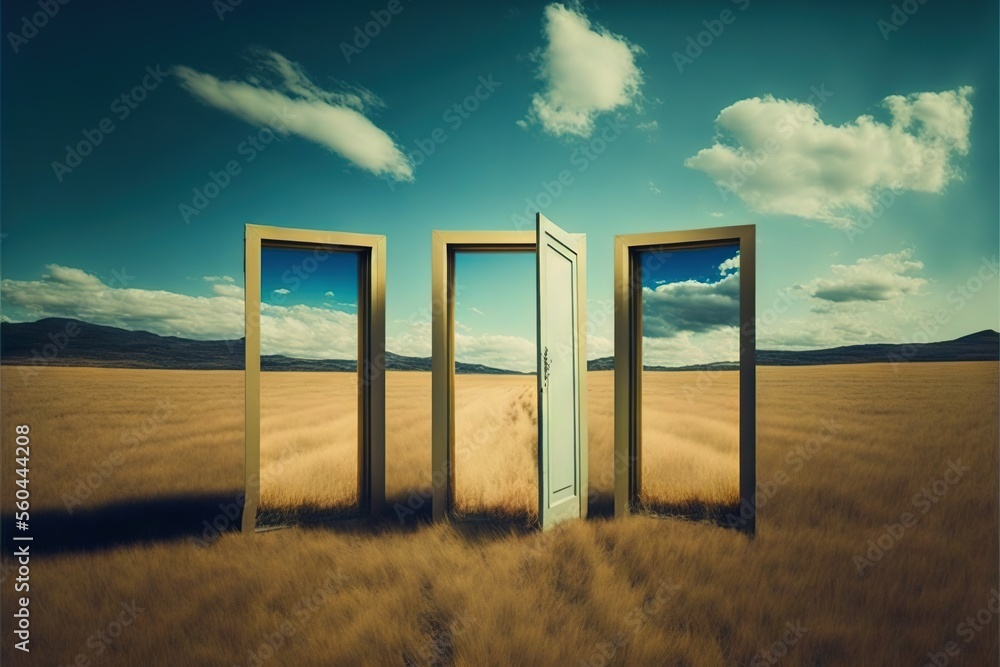 Poster a field with three open doors in the middle of it, with a sky background and clouds in the sky above