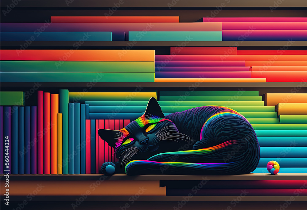 Aufkleber a cat is sleeping on a book shelf with a rainbow background and a rainbow - colored background behin