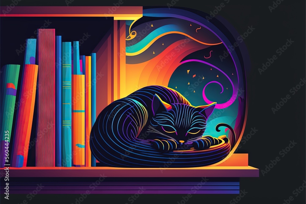 Poster a cat is sitting on a shelf in front of a bookcase with books on it and a rainbow swirl in the backg
