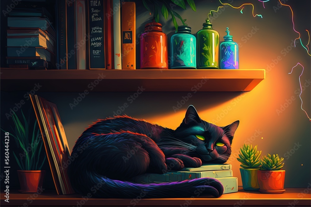 Aufkleber a cat is laying on a book on a shelf next to a potted plant and a bookcase with books on it and a ne