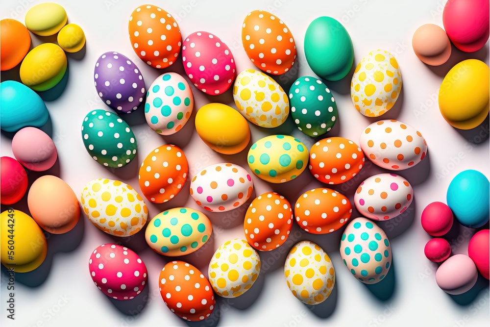 Poster a group of colorful eggs with polka dots on them on a white surface with a white background and a bl