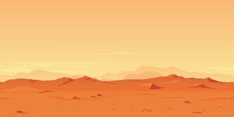 Martian orange landscape background tileable horizontally, sand hills with stones on a deserted planet