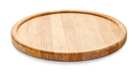 Wooden board on white background. Round board isolated. Design element.