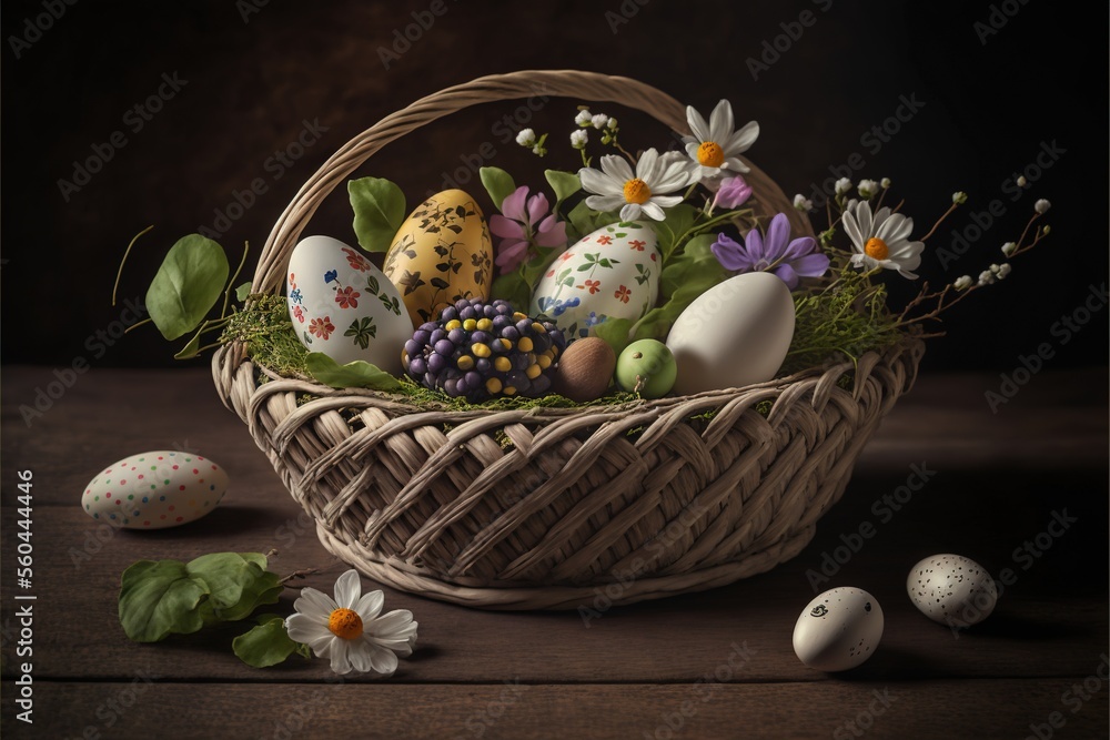 Aufkleber a basket filled with eggs and flowers on a table next to eggs and flowers on the ground and a basket