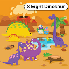 Flashcard number eight with 8 dinosaur learning for kid illustration vector