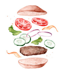 Fresh tasty ingredients for burgers. Watercolor hand drawn illustration isolated on white background.