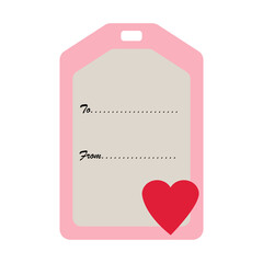 Simple flat name tag present label pink with red heart, to from lines