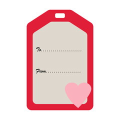 Simple flat name tag present label red with pink heart, to from lines