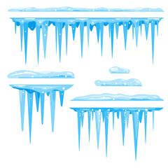 Blue frozen icicle cluster hanging down from snow, isolated