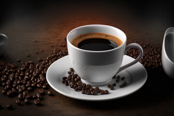 a white cup holding a freshly prepared espresso with a background of coffee beans. Generative AI