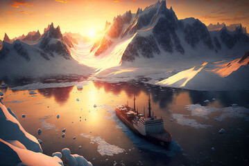 Ship, beautiful arctic landscape. Generative AI.
