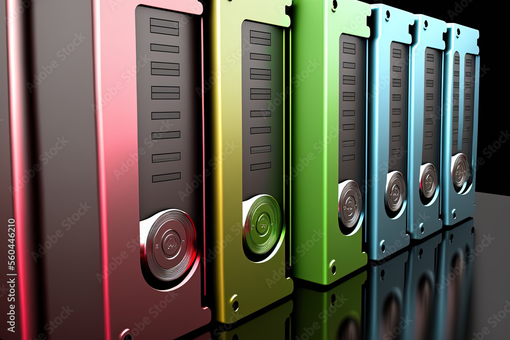 Poster hard disks in a row, used to store data in an internet data center. generative ai