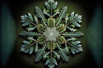 Snowflake made of green foliage, on a blurred background, created with Generative AI technology. Creative idea. 