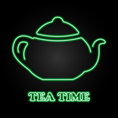 kettle tea neon sign, modern glowing banner design, colorful modern design trends on black background. Vector illustration.