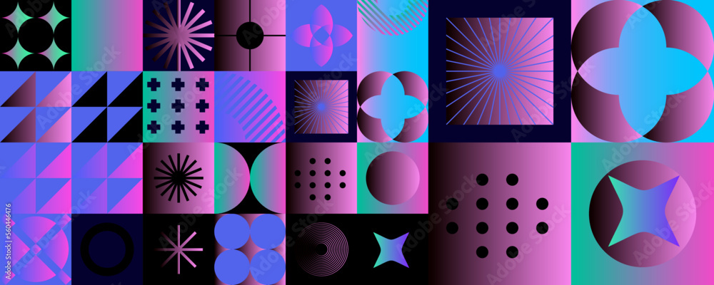 Poster Creative abstract collage of different forms and shapes in neon gradient color palette. 