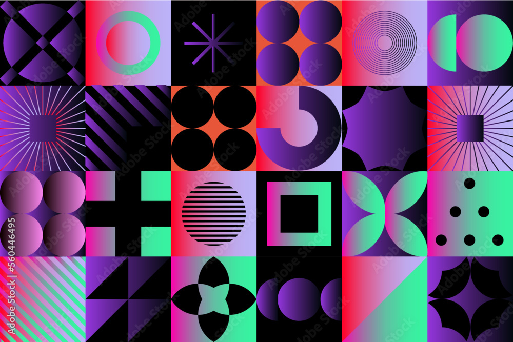 Poster Creative abstract collage of different forms and shapes in neon gradient color palette. 