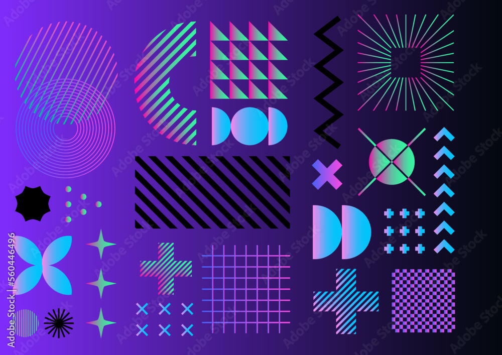 Poster Creative abstract collage of different forms and shapes in neon gradient color palette. 