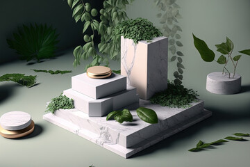 Displaying products on green leaves and stone slabs with a white podium and platforms. Generative AI