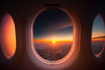 Fototapeta na wymiar Seeing the sunrise via an airplane window. Generative AI