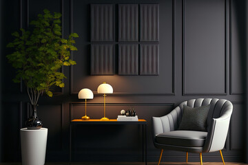 Modern interior design for home, office, interior details, upholstered furniture against the background of a dark classic wall. Generative AI