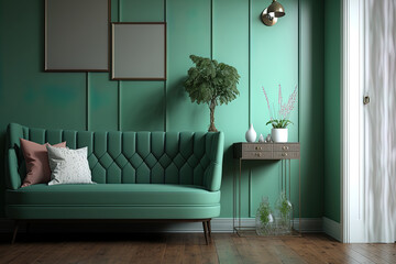 green mint wall with sofa & sideboard on wood floor interior. Generative AI