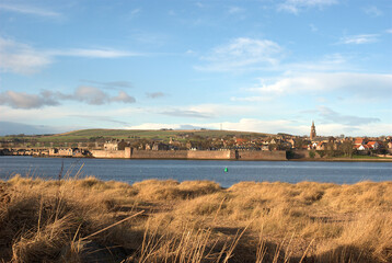 Berwick-upon-Tweed medieval city walls and church spire in January