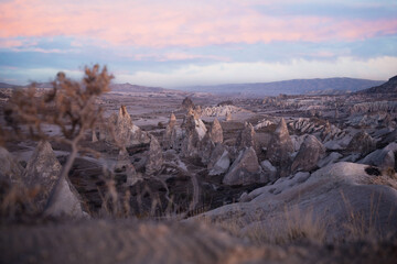 Stunning view of some rock formations in the Red & Rose Valley in Cappadocia during a beautiful...
