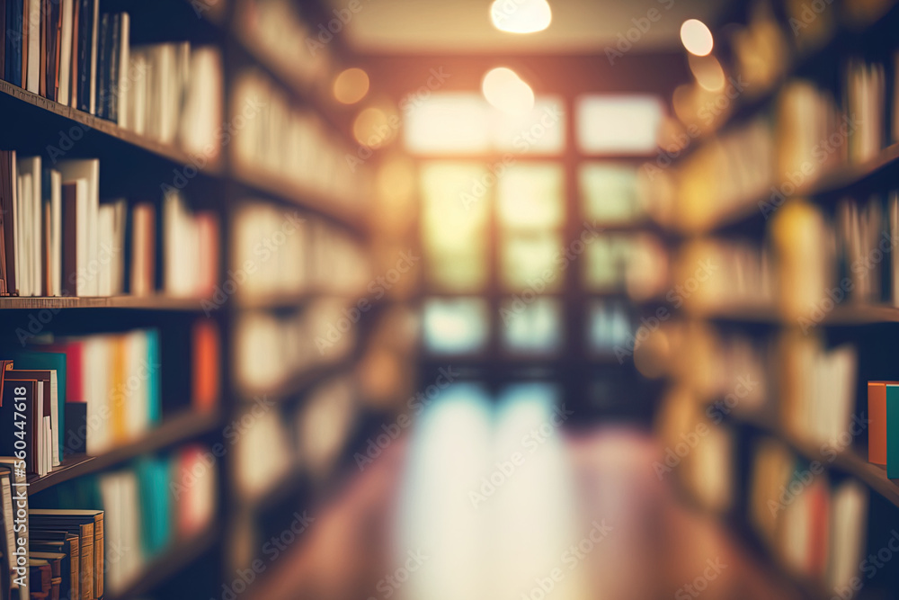 Aufkleber abstract blurred empty college library interior space. blurry classroom with bookshelves by defocuse