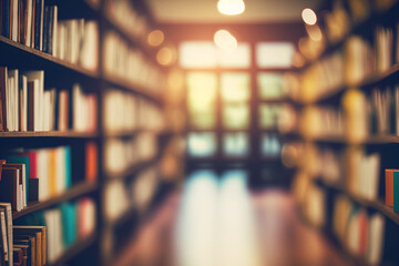 Abstract blurred empty college library interior space. Blurry classroom with bookshelves by defocused effect. use for background or backdrop in book shop business or education resources concepts - obrazy, fototapety, plakaty