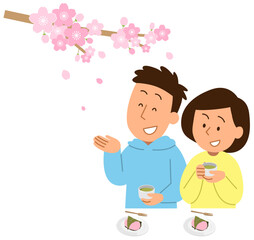 お花見する夫婦