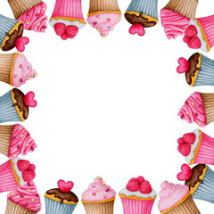 Square frame of cupcakes. Watercolor border for the design of cards, invitations, menus, logos, labels, tags. Clipart for Valentine's Day, birthday, children's holiday.
