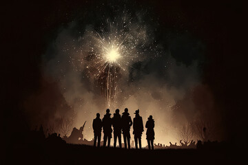 The group of Silhouettes observing a celebratory fireworks display Merry Christmas and a happy new year on a dark, empty background. Generative AI