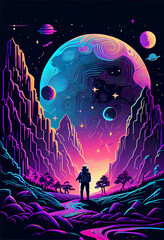moon landscape galaxy space shuttle space exploration ,psychedelic colors,line drawing ,neon light