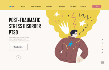 Mental disorders web template. PTSD - modern flat vector illustration of a man meeting with traumatic stress experience - burst, explosion. People emotional, psychological, mental traumas concept