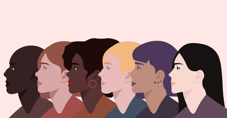 Faces of women of different nationalities. Sisterhood. Unity, mutual assistance among the women community. international women day. Flat vector illustration