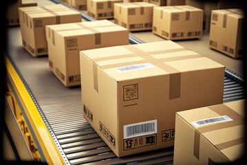 Carton boxes on Conveyor belt, close up. Warehouse for product storage and logistics. AI generative	