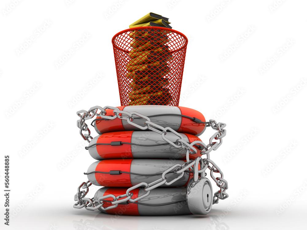 Poster 3d rendering folder with documents in recycle bin protected life belt
