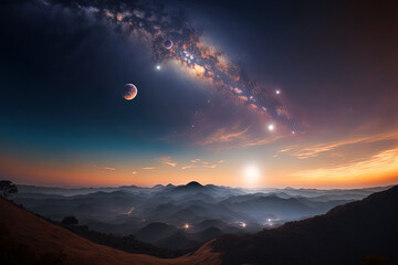 Fototapeta premium Gorgeous milky way, moon and sun in starry sky with the light of dawn at Doi Mon Jong, Chiangmai, Thailand. Generative AI