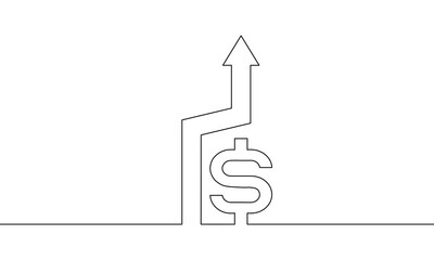 Continuous line drawing of arrow. Arrow up with dollar, business growth, object one line, single line art, vector illustration