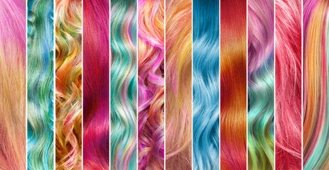 Collage of hair color palette. Hair colours set. Tints. Dyed Hair color samples
