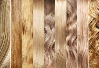 Collage of blonde hair color samples. Hair coloring. Hair dye