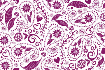 Vector seamless monochrome purple valentine pattern with paisley, hearts and flowers on transparent background