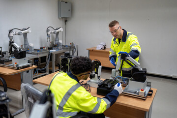 Engineer teach trainee how to operation maintenance and programing robot arm in training room