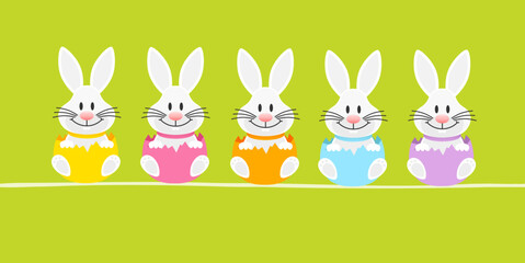 Banner 5 Weiße Osterhasen In Eierschale Sitzend Grün