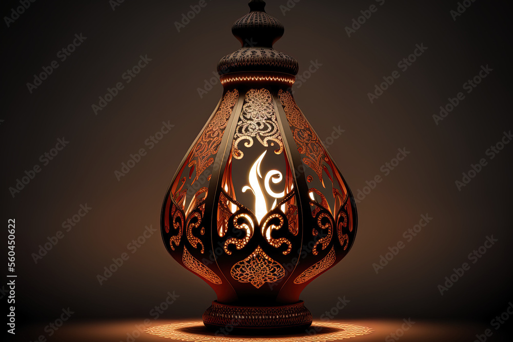 Poster Isolated decorative Arabic lamp with a burning flame. Generative AI