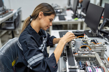 Girl engineer sitting in robot fabrication room quality checking electronic control board
