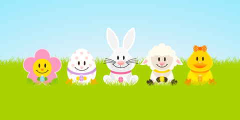 Weißer Osterhase & Freunde Mit Ente Wiese Himmel