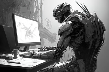 The illustrator draws sketches of robot computer game characters. The artist creates a design of cyborgs. Concept art. Generative AI