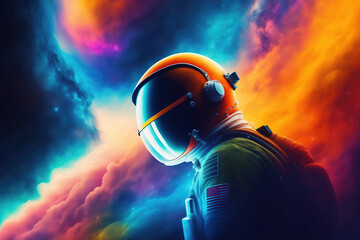 Portrait of astronaut exploring a colorful nebula in cosmos. Generative AI.