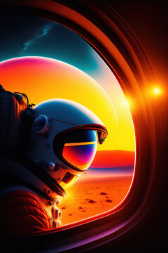 Portrait of astronaut from spaceship window. Generative AI.